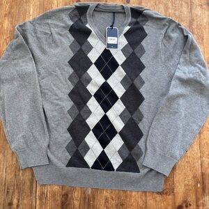 Bass V-Neck 100% Cotton Gray & Black Long Sleeve Argyle‎ Sweater Men’s XL NWT